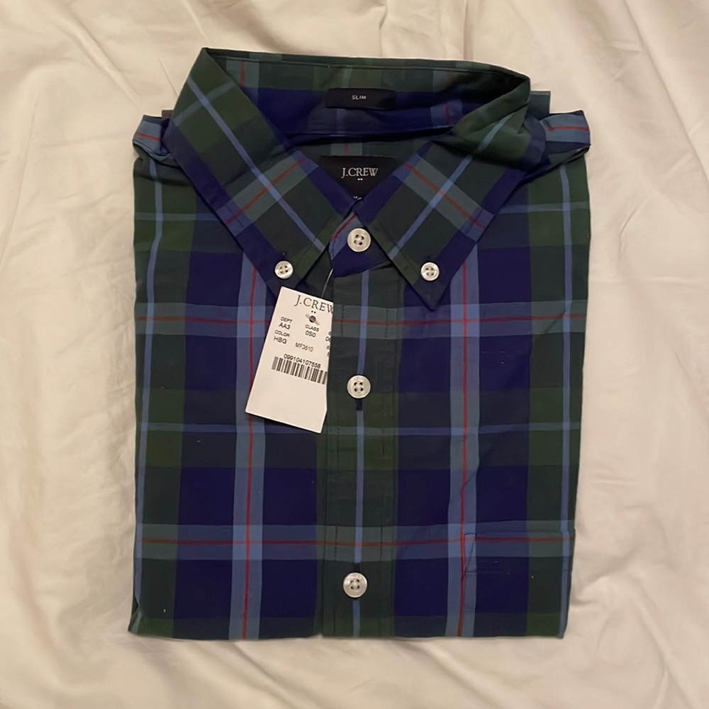 Jcrew Factory mens slim fit green and blue plaid button down. New with tags.